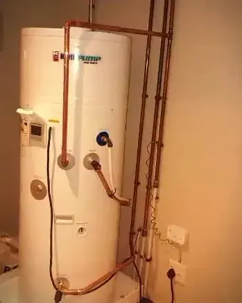 Hot water heat pump cylinder installed with copper pipework